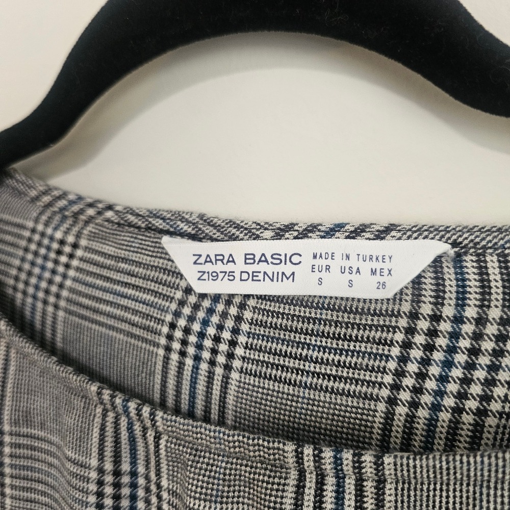 Zara Basic Women Small‎ Grey Plaid Top Green Racing Stripe Puff Sleeve Preppy ~ - Picture 3 of 7